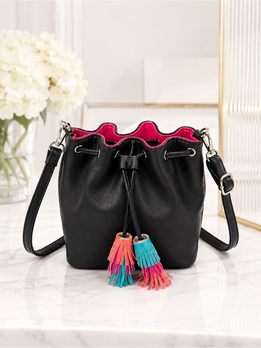 Candie’s Black Bucket Bag Pink Lined Drawstring Crossbody Tassel Purse NWT
